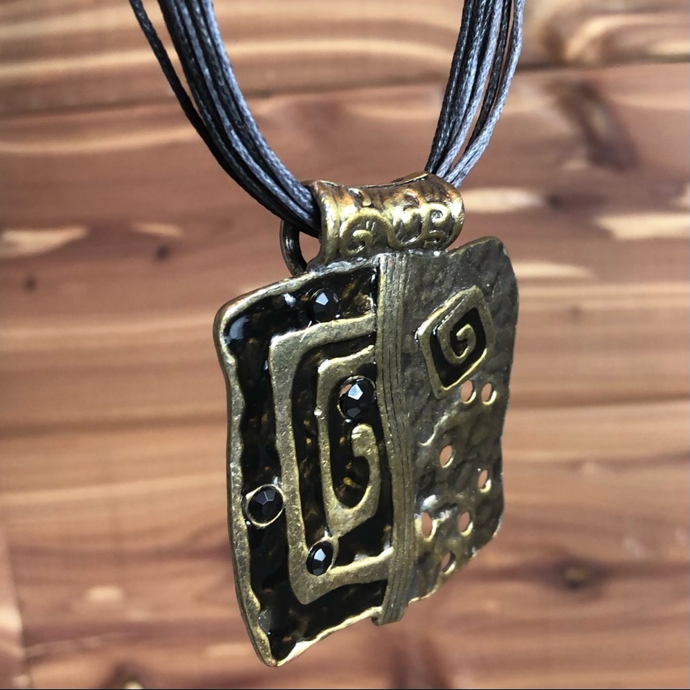Art Metal Statement Necklace with Blue Cording